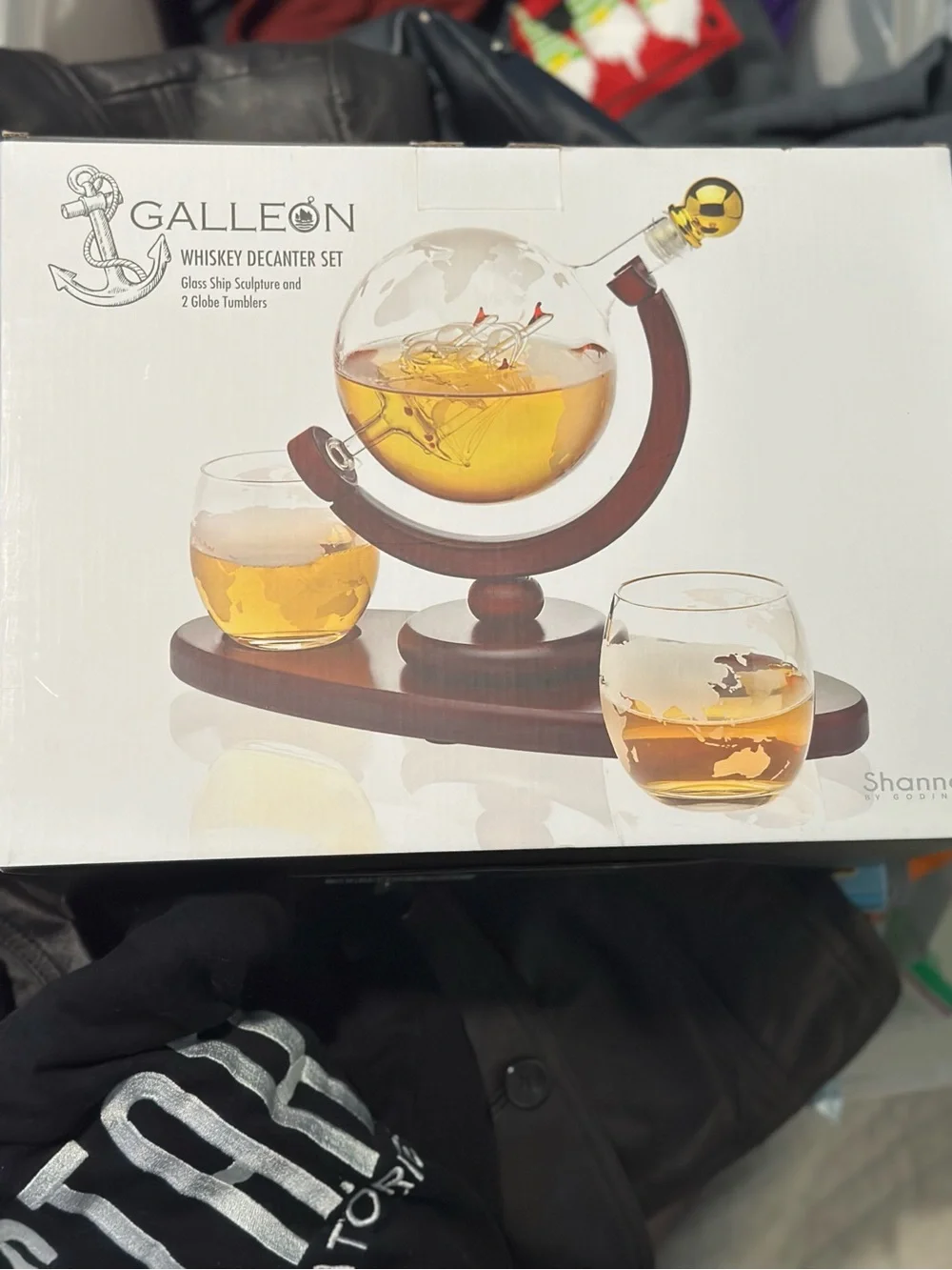 Whiskey Decanter Set with Brown Wood Stand and Clear Globe Decanter